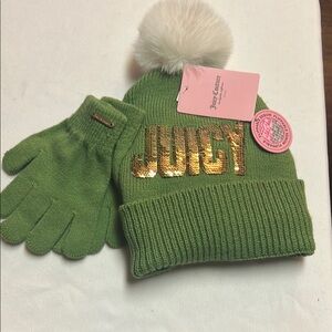 Juicy Couture Green and Gold Kids Beanie and Gloves Set